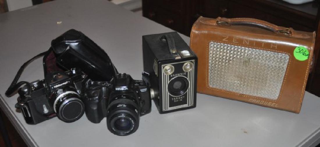 Cameras: Nikkormat camera with case, Minolta Maximum 100 SI camera,Brownie Target 6-16, Zenith Carousel radio