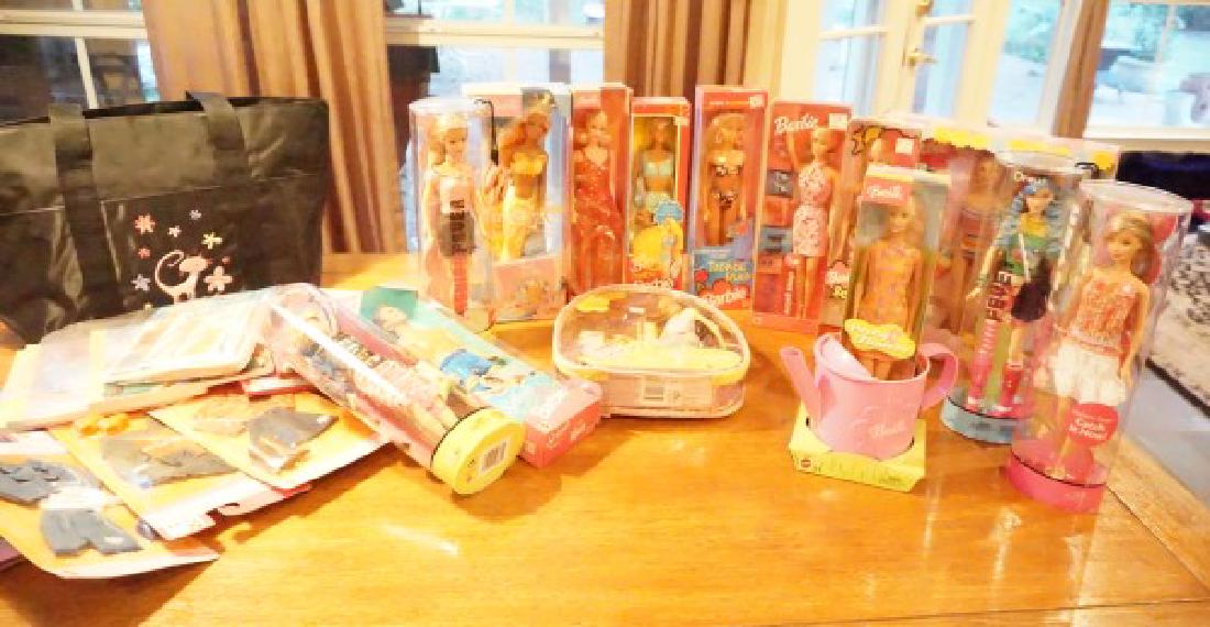 Dolls: 13 Barbie's, 1 Ken, 5 outfits, books, stickers, tote