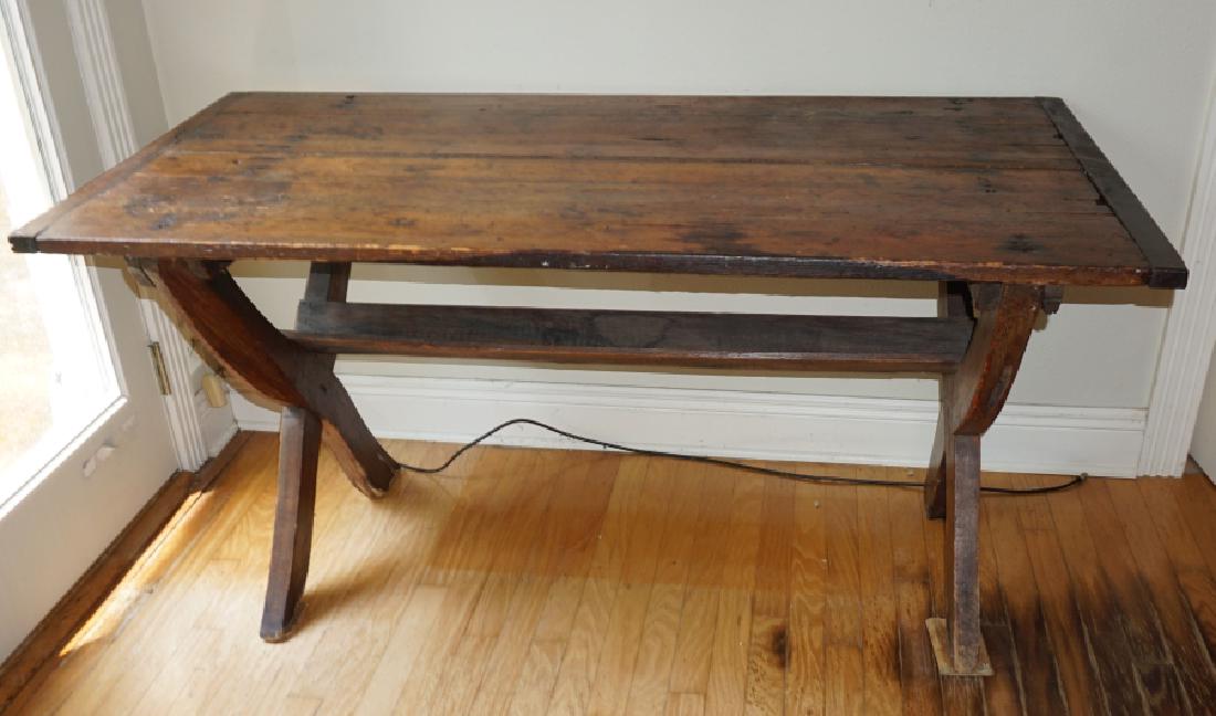 Primitive Work Table: Primitive work table, hand made wood pegs, x shape base , early 19th century 4'9" w x 2'5" d x 2'5" h