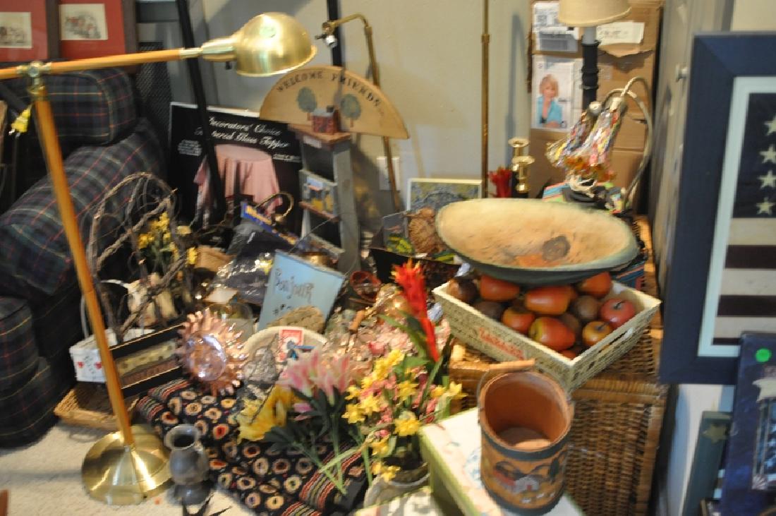 Household: Collection of decorative & house hold items with wicker trunk: lamps, wall hangings, framed art, copper molds, night lights, misc., 21st century