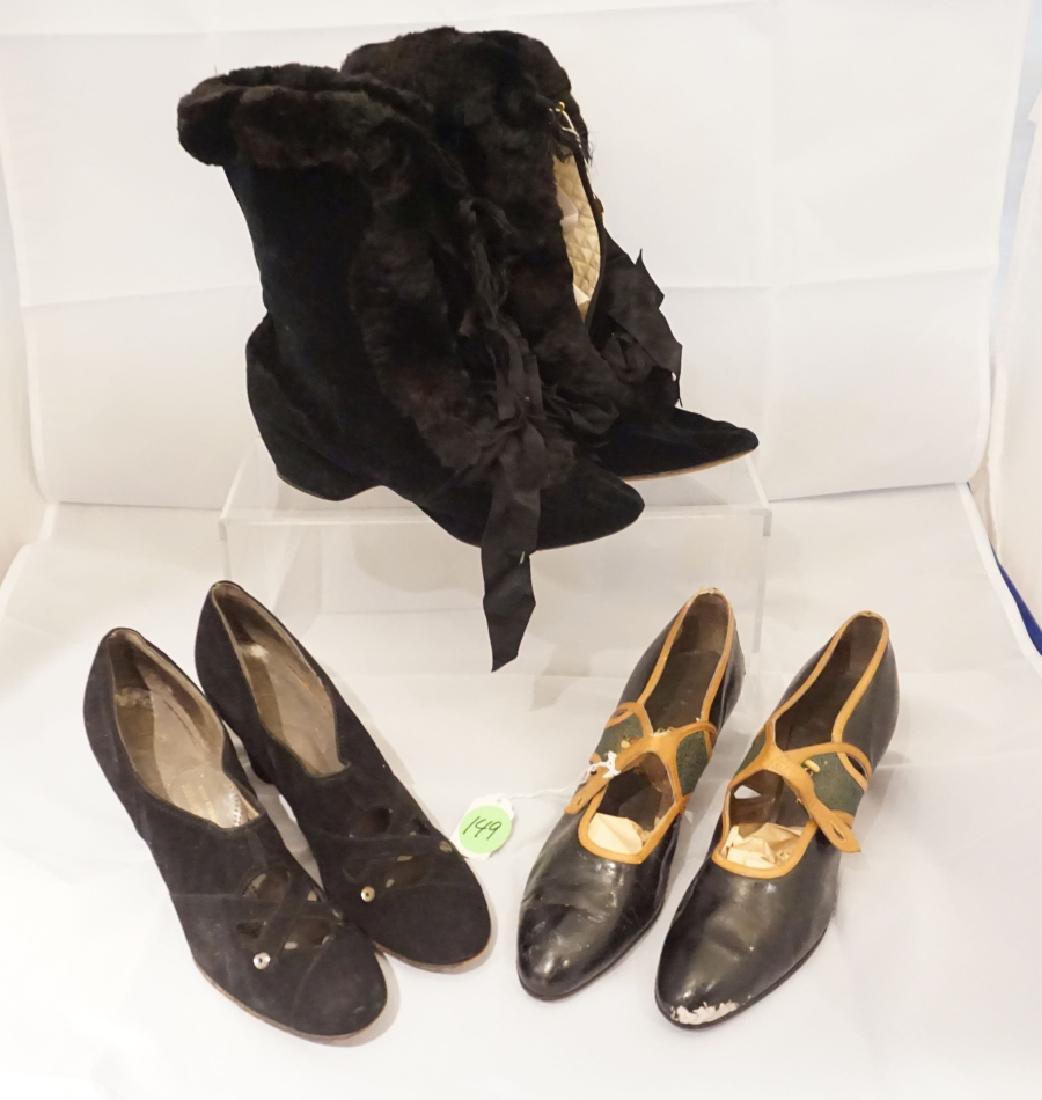 Antique Shoes: 3 pairs of early 20th century shoes, possibly size 6:: velvet boots with rabbit trim, black velvet heels, leather shoes "Cammeyer" 5th Avenue