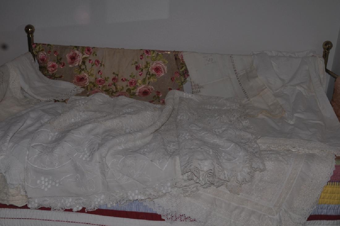 Linens: 10 antique & vintage table clothes & coverletts, some are hand made, 19th & 20th century