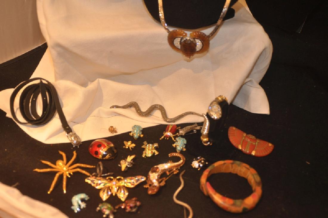 Costume Jewelry: Collection of 24 bug pins & snake watch: frogs, snakes, butterflies & other bug,Carolee, JBK, Watch POV, snake is sterling, Joan Rivers, Art Deco, KJL, 20th century