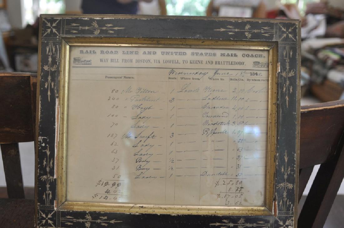 Railroad: Framed Railroad line & US mail coach way bill dated June 1, 1842 , Boston via Lowell to Keene & Brattlebroro