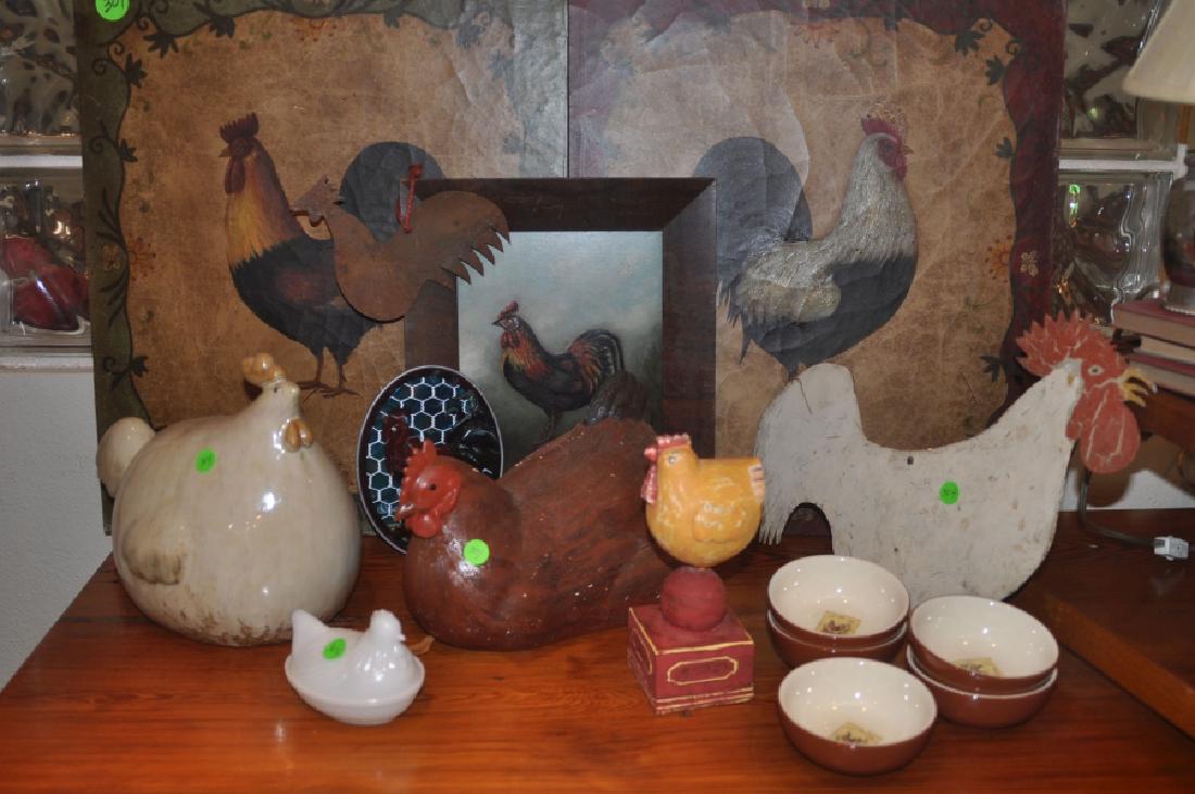 Collectibles: Collection of roosters & chickens: 2 wall plaques, statues, bowls, metal, milk glass