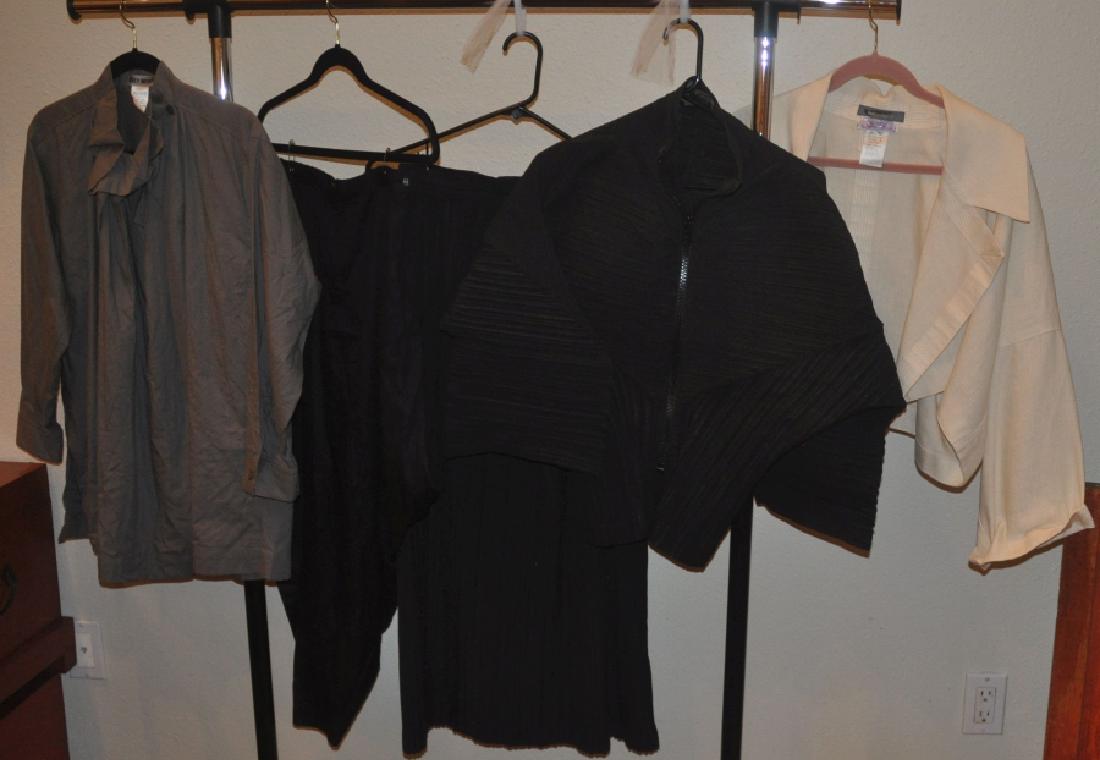 Designer Clothing: Vintage designer clothing: by Issey Miyake: 100% cotton gray blouse (XS) made for Bergdoff Goodman, ivory linen jacket (M), black skirt with jacket (no size but approx, M-L), cotton pants (10), 20th c
