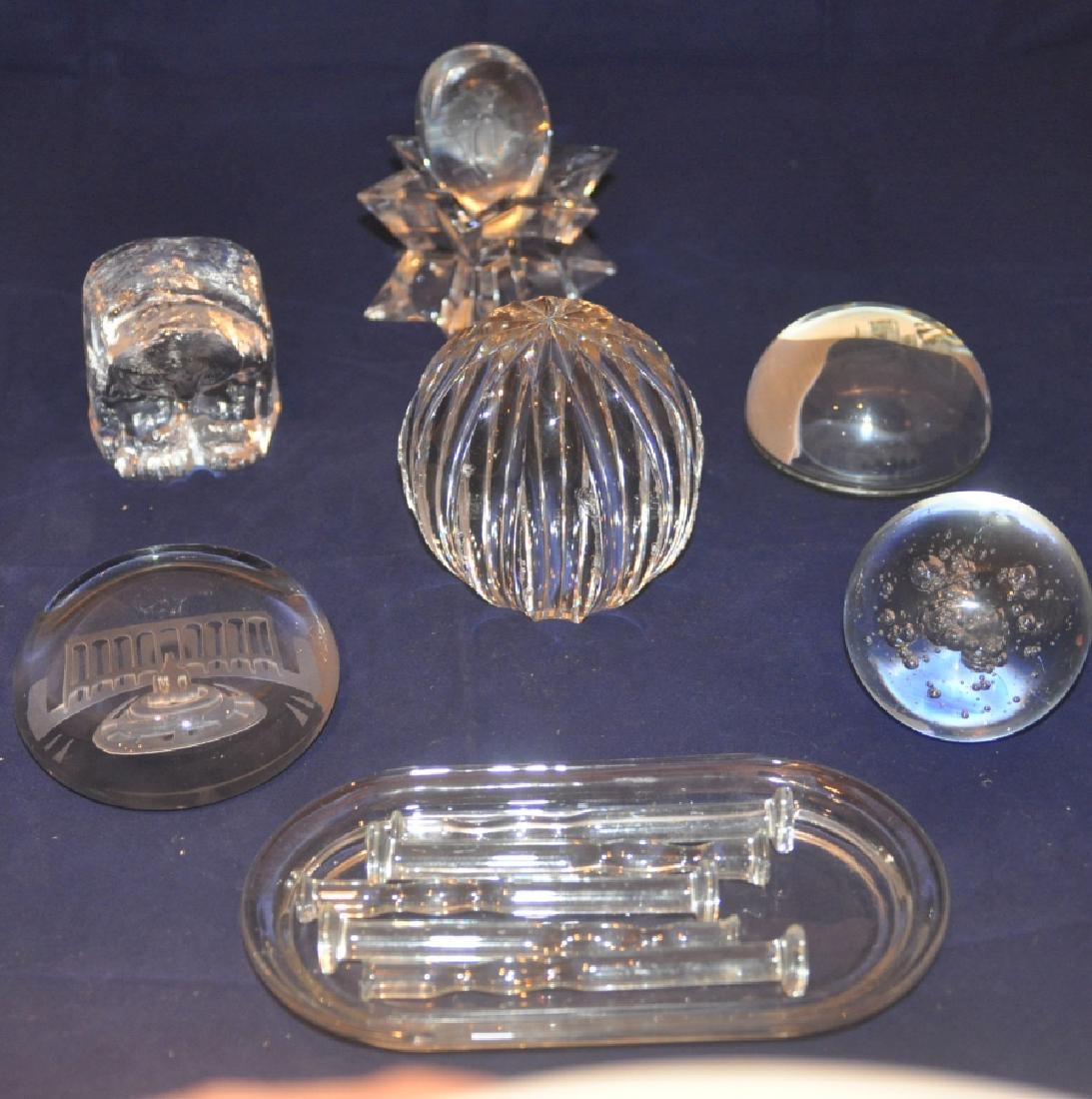 Collectibles: 6 clear paper weights, menorah, bear, bubbles, Neptune, Jim Thorpe, large paper weight with ridges (some chips), 20th century
