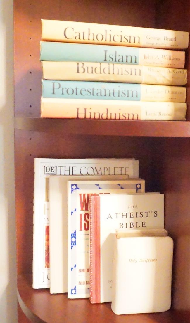 Books: 10 books about religion: Hebrew, Holy Scriptures, Jewish Tradition, Hinduism, Protestantism, Catholism, Buddhism, Islam, Atheist's Bible, Words of Gandi, What is a Jew?, 20th century