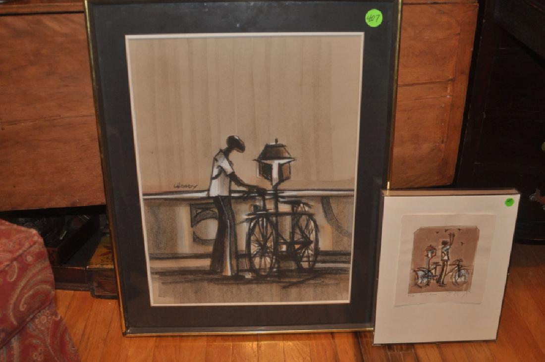 Art: Charcoal & chalk drawing of an African American man with bicycle by W. James Groody (American, born 1940), signed in the center, site 23" x 17", framed, print "Bike Rider" 65/75, 20th century