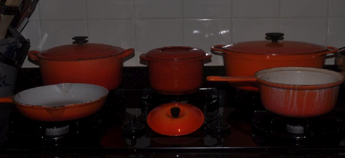Cast Iron: Cast iron ware: 4 pots & 1 skillet: 2 covered Dutch ovens "Country Cottage by Uttrex, small covered pot with start top, sauce pan, France Cousances, skillet, Le Creuset