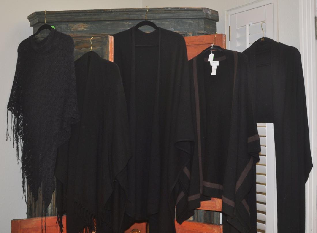 Designer Clothing: 5 black poncho, sweater & shawls: Wool blend shawl, shawl sweater (Neiman Marcus cashmere), Isaac Mizarahi shawl, 100% cashmere, crochet poncho