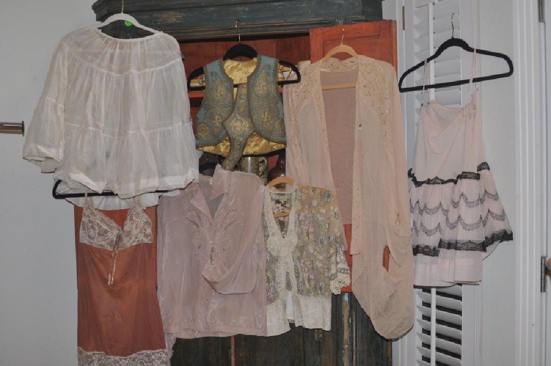 Antique Clothing: 7 pieces of antique & vintage clothing: lace blouse, slip by Van Roalte, bed jacket, blouse by Henri Bendel, vest with belt & bag