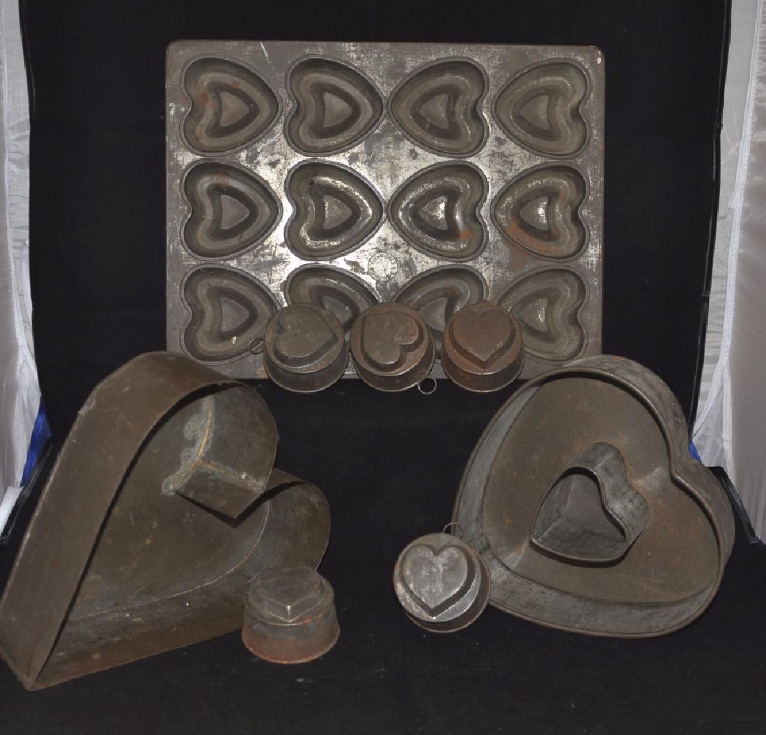 Primitive Collectibles: Antique heart shaped baking tins: 2 cake pans, 5 small heart tins, large muffin tin, late 19th century