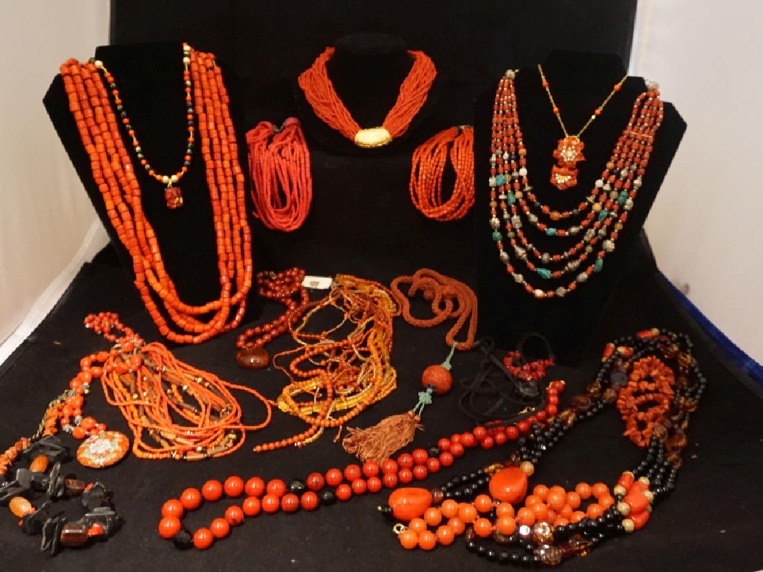 Costume Jewelry: 16 necklaces, 1 belt, 3 bracelets made with natural stones, beads, quartz, tassels, chains, cinnabar, 20th century