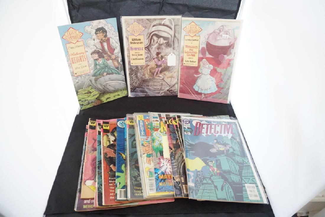 Comic Books: 21 vintage comic books: Classics Illustrated: William Shakespeare "Hamlet", Lewis Caroll "Through the Looking Glass", Emily Bronte "Wuthering Heights", Declive #649, New Men #7, (2) Mighty Smson #25, 