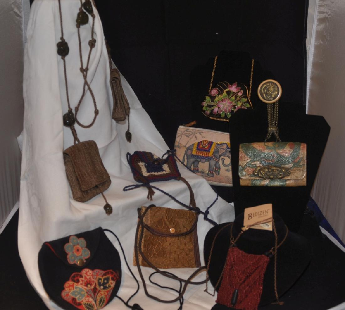 Purses: 8 small purses: beaded elephant, cloisonne, (2) crochet, belt purse, old wool purse, velour purse, 20th century