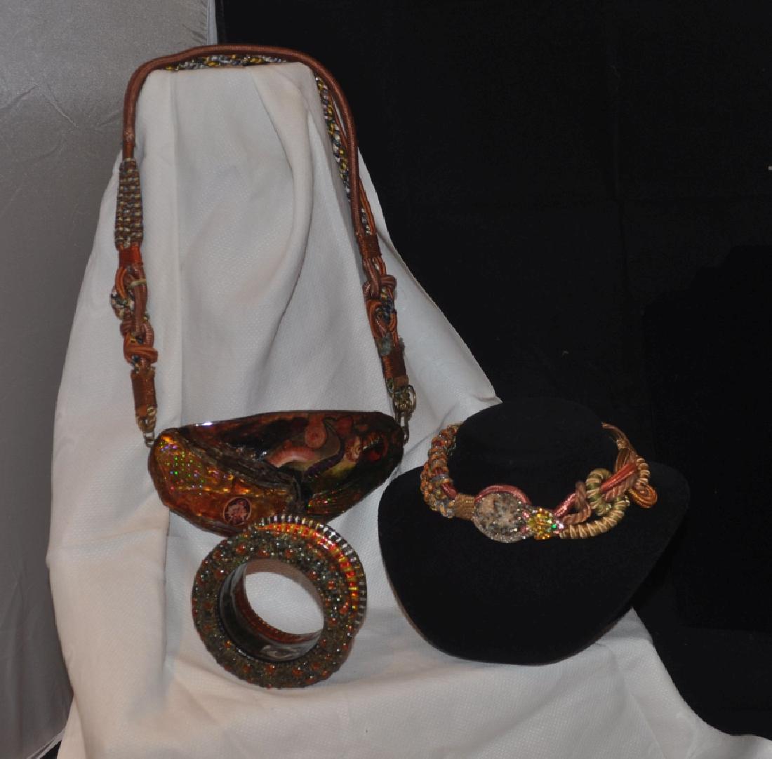 Alex & Lee Jewelry: 3 Alex & Lee jewelry pieces, American 1970: Passementerie necklace, choker & bracelet, circa 1970. Hand dyed French Passementerie, found objects including natural stones, woven fabric, metal. Necklace