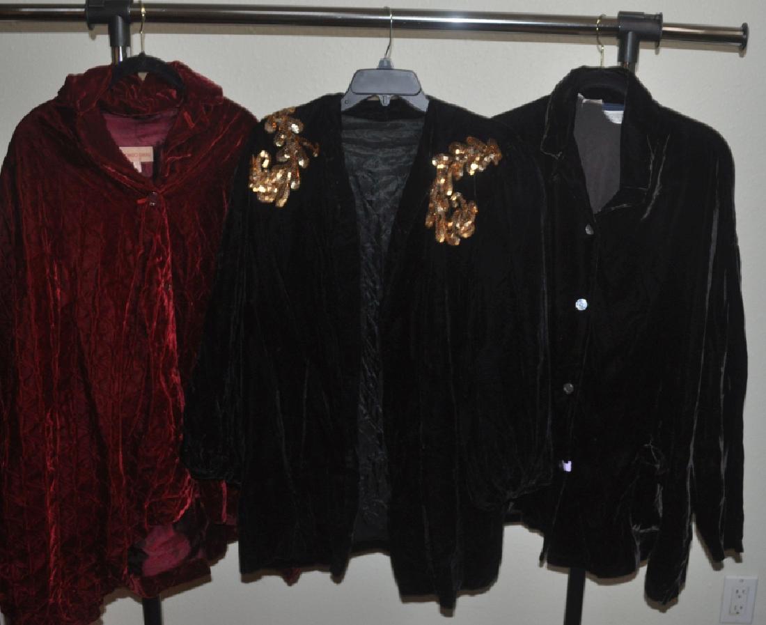 Designer Clothing: 3 vintage velvet jackets: Red velvet Jacket by Romeo Gigli, size 12, black velvet evening jacket with gold sequins, no size or name, black velvet jacket made for Bergdoff Goodman, New York, size 42, 2