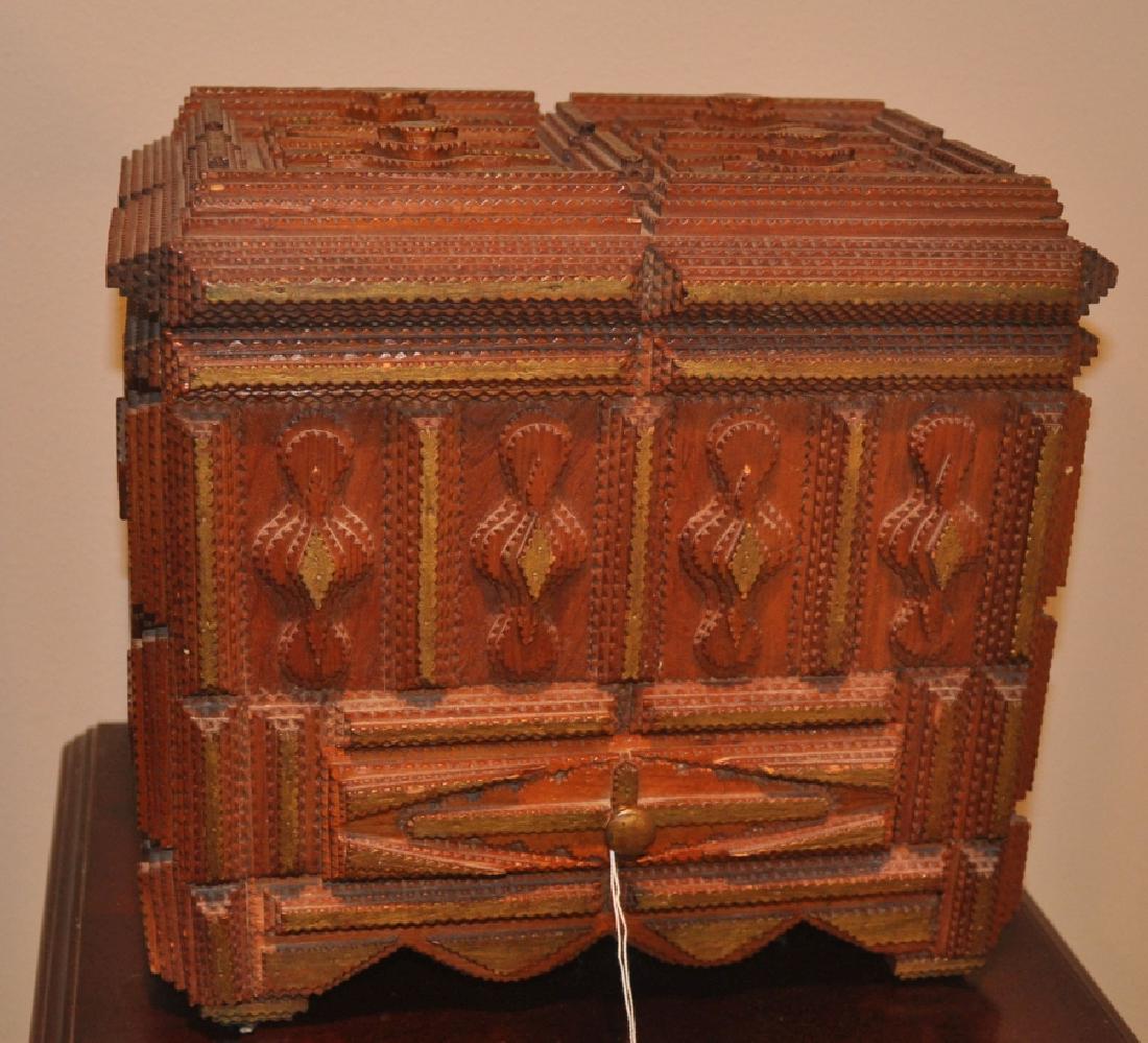 Tramp Art: Tramp art jewelry box with mirror, 1 drawer 1'2" w x 9" d x 1'2" h, early 20th century