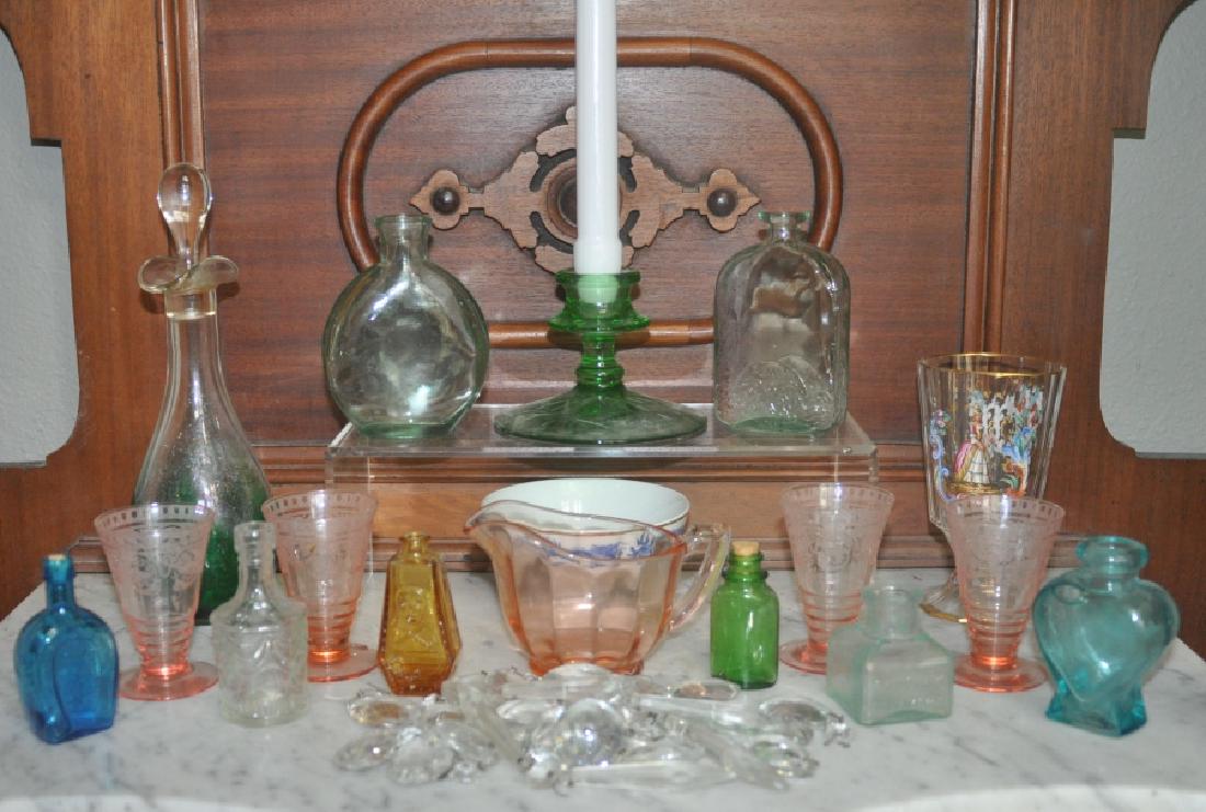 Collectibles: Collection of glass: 8 old bottles, depression pitcher, candle stick, small pitcher, 4 small juice glasses, hand painted Victorian vase, early 20th century