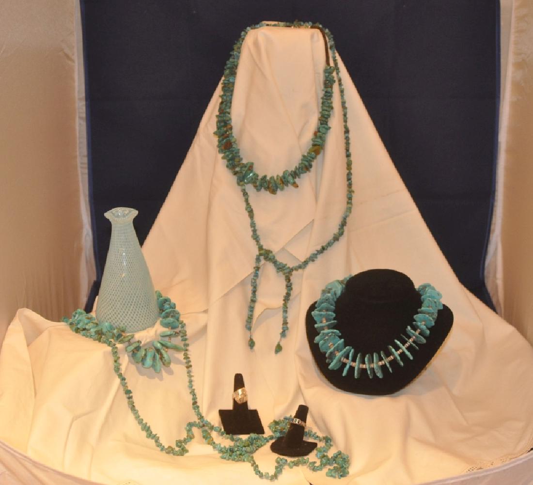 Sterling Jewelry: Collection of turquoise jewelry: 1 very long open end necklace, 1 very long necklace with clasp, 3 turquoise stack stone necklaces, 2 sterling rings with stones, hand blown vase, 20th century