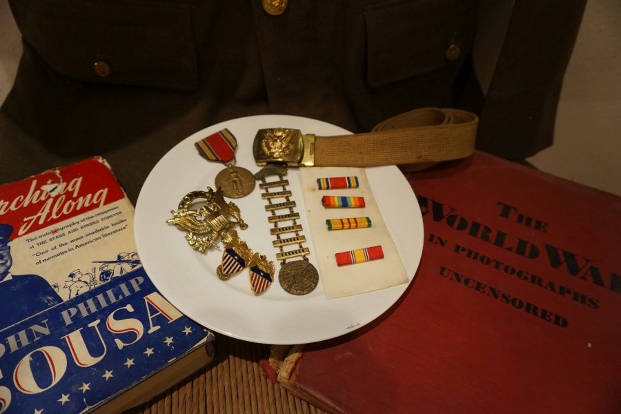 Army: WWII Army belt, bars & medals, "Marching Along by John Philip Sousa, The World War in Photographs Uncensored, 20th century