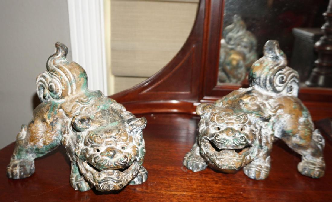 Bronze: Pair of bronze foo dogs 7" w x 6 1/2" h, 19th century
