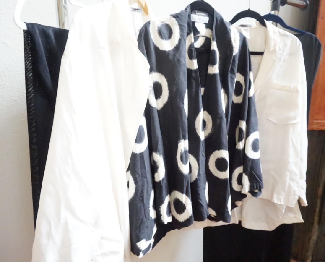 Designer Clothing: 5 designer clothing by Issey Miyake:: Black silk & wool dress size M, white blouse size M, black & white jacket size S made for Bergdof Goodman, silk & rayon blouse size S, Pair of pants size S, 20th 