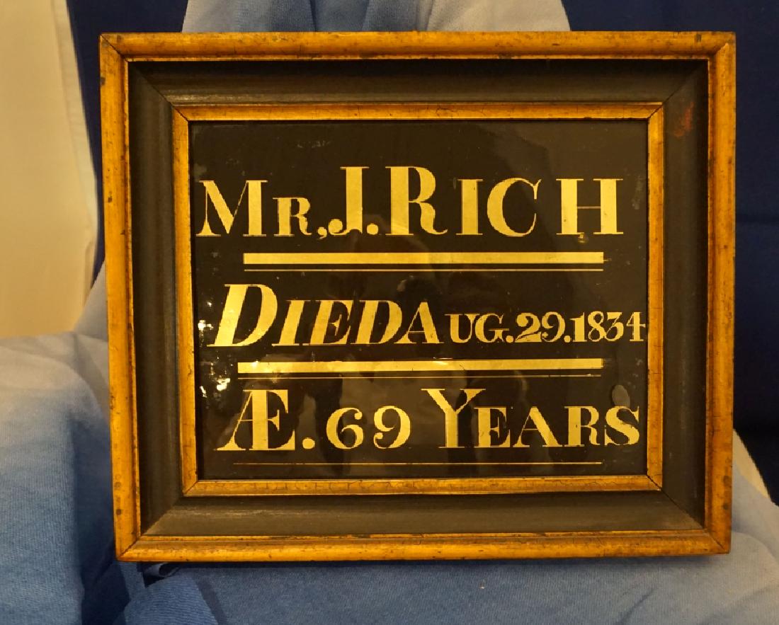 Remembrance Plaque: Remembrance "Coffin" plaque on reverse painted glass "Mr. J. Rich, Died August 29, 1864, 69 years old", 19th century