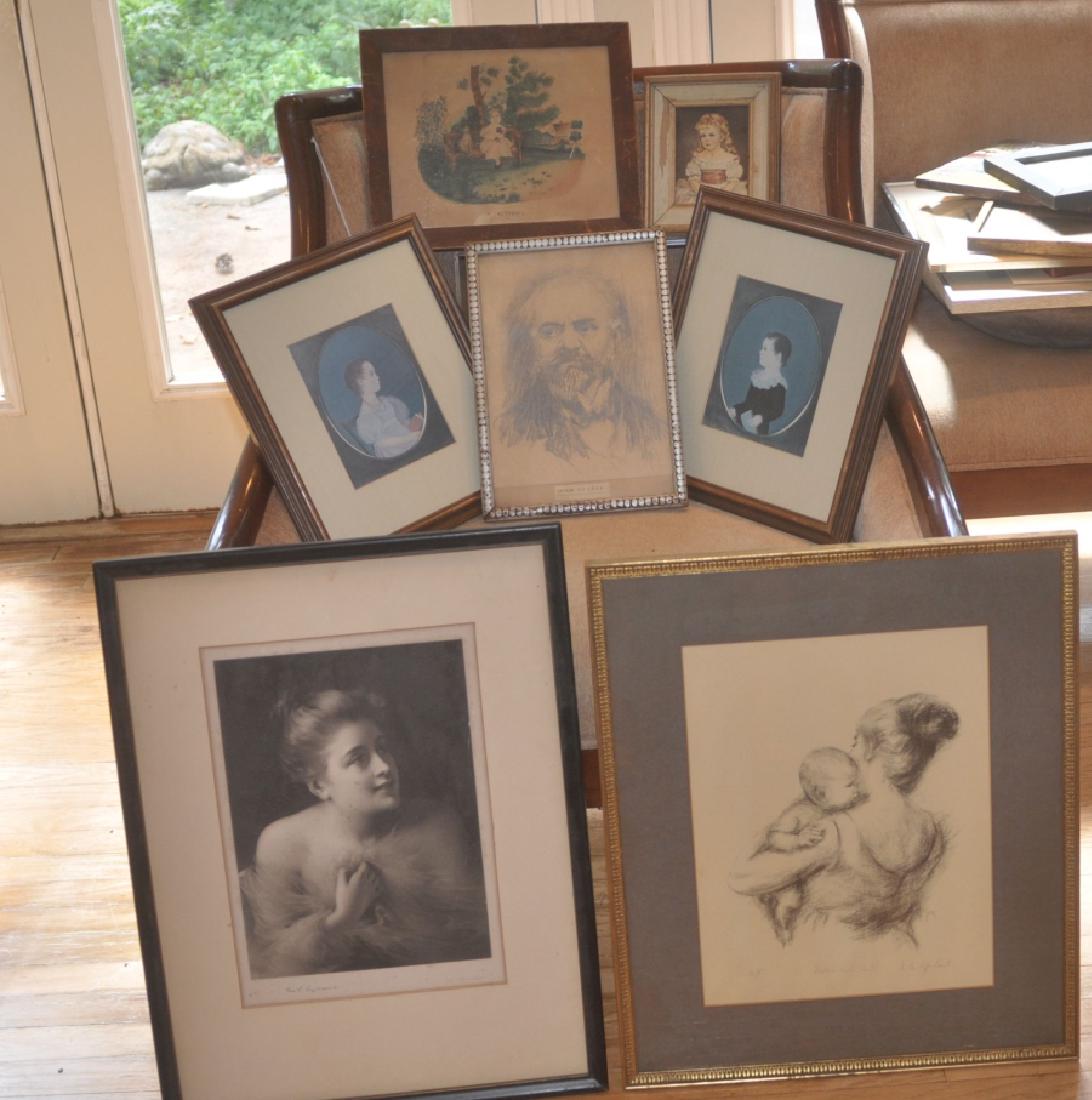 Prints & Art: 7 framed prints & original art: Mother & Child artist proof by Lila Copeland, print by John Miller, original pencil sketch "Antin Dovorak", pair of children prints, 20th century