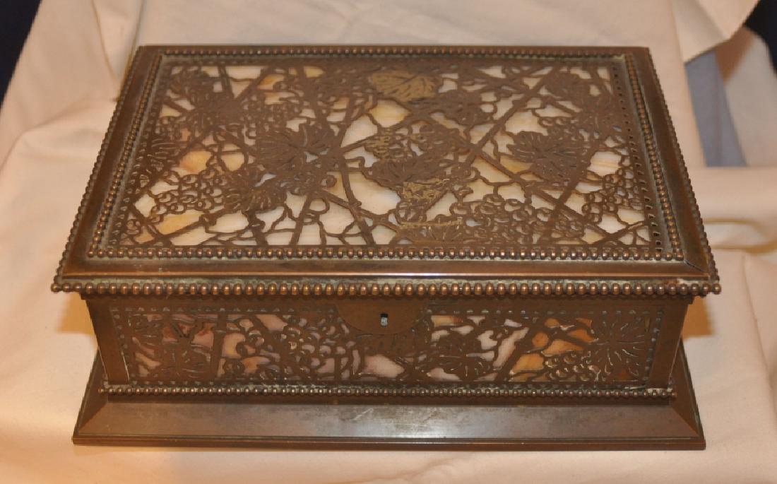 Tiffany Collectible: Tiffany Studios, New York letter box with slag glass & copper metal in leaf pattern, on feet # 823, 9" w x 6" d x 3" h, late 19th century