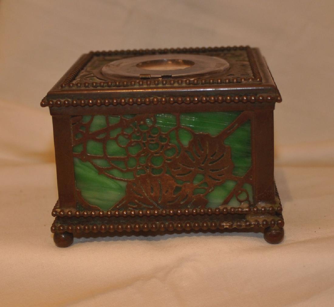 Tiffany Collectible: Tiffany Studios, New York slag glass ink well with glass insert, copper metal work in leaf design, bun feet, top is missing, 1 foot is replaced 4" square x 3" h, late 19th century