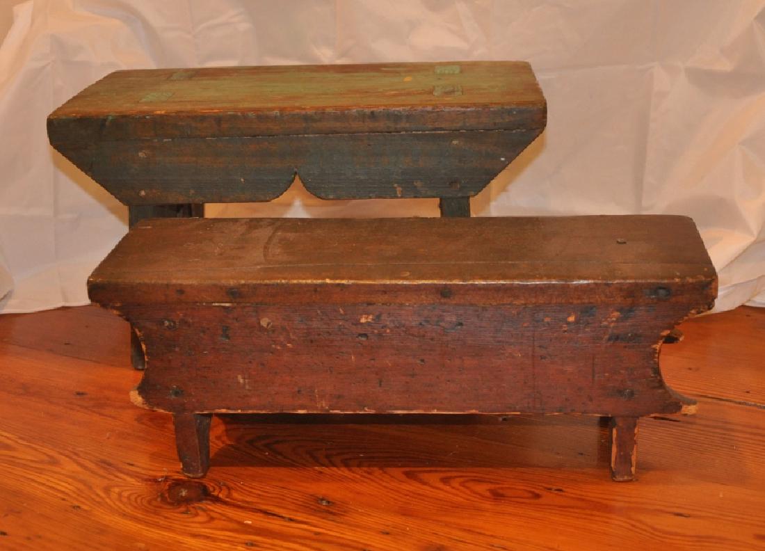 Primitive Furniture: 2 primitive stools: brown stool with hand made nails marked underneath "Mrs. Mcfallen 18" w x 5 1/2" d x 7" h, green stool is pegged & reinforced 18" w x 10" d x 10" h, 19th century
