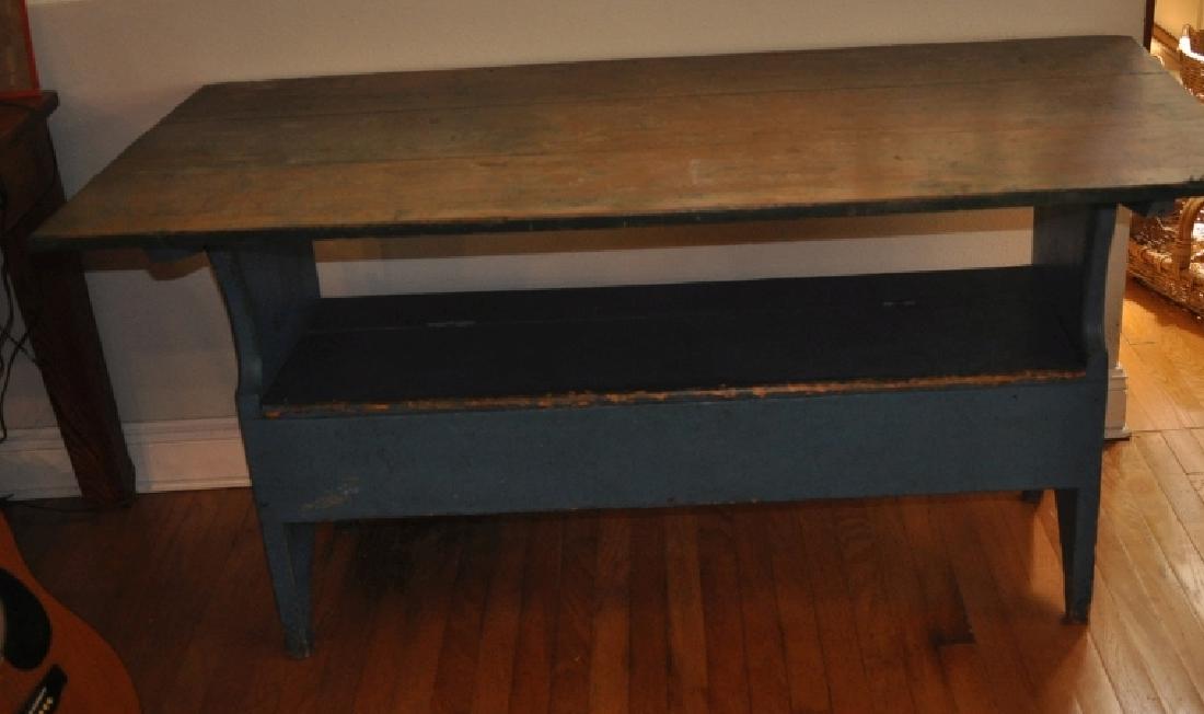 Primitive Furniture: Unusual antique table/bench: removable wood top, blue bench with storage, original blue paint 5' d x 2'4" d x 2'5" h, 19th century