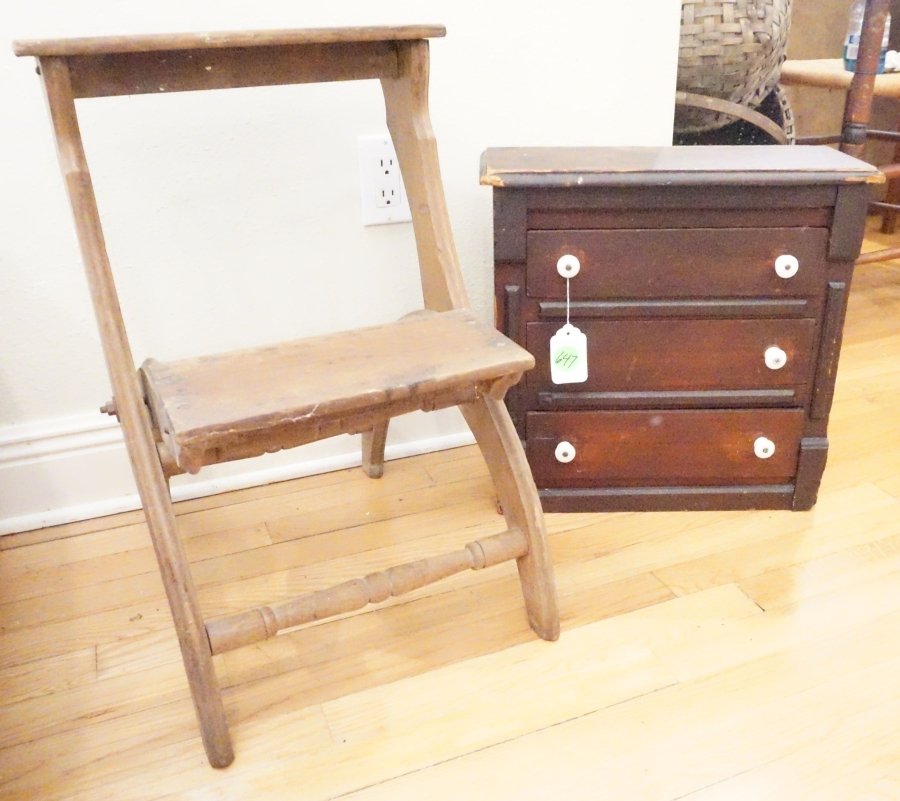 Primitive Furniture: Primitive step ladder & spice cabinet, 3 drawers 17" w x 7" d x 17" h, 19th & 20th century