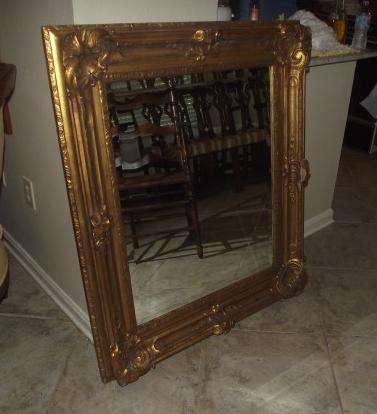 Mirror: Antique wood with gesso gold gilt beveled mirror 36" w x 34" h, late 19th century
