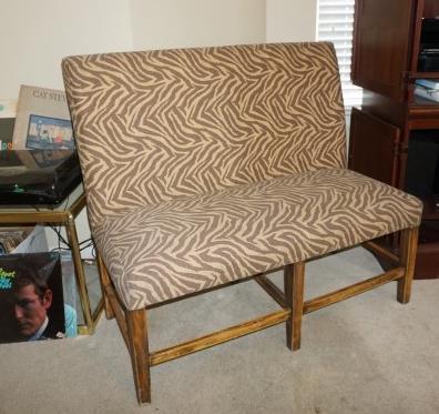 Upholstered Banquets: Pair of upholstered banquets/bench with Zebra fabric 44" w x 17" d x 38" h, 21st century
