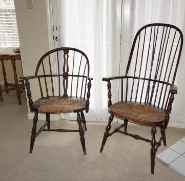 Windsor Chairs: 2 Windsor chairs, rush seats 26" w x 18" d x 36" h, 26" w x 17" d x 46" h, from the Red Gum Plantation in Hughes, Arkansas, early to mid 19th century