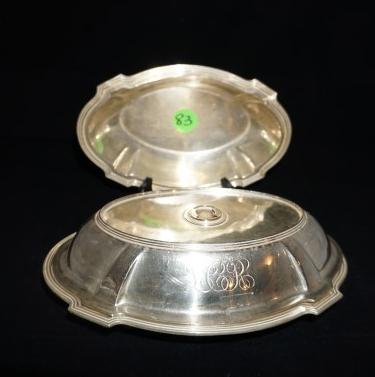 Sterling Vegetable Dishes from Red Gum Plantation: Sterling covered vegetable 10 7/8" w x 7 3/4" d x 4 1/2" h, sterling open vegetable 9 7/8" d x 6 1/2" d x 1 7/8" h, 42.7 troy ounces, engraved "LCR", from the Red Gum Plantation in Hughes, Arkansas, 1