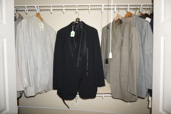 Men: 12 men's suits & vintage Perils After 6 tuxedo, size 44 long, pants & sweaters: Brands by Corbin, Jos Banks, Gus Meyer (New Orleans Store), Polo sports jacket, Austin Reed, materials include seersucke