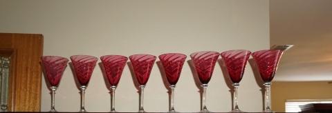 Cranberry Wine Glasses: 8 hand blown cranberry wine glasses, early 20th century