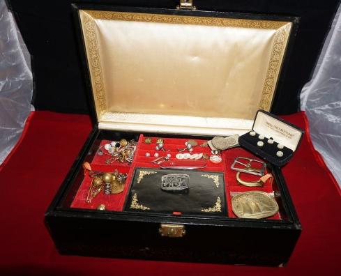 Jewelry with Jewelry Box: Jewelry box with contents: pins, charms, tie tacs, money clip with coin, cuff links, belt buckles, Swiss Army knife, sterling belt buckle with initials "WAR", emergency buttons, political pins