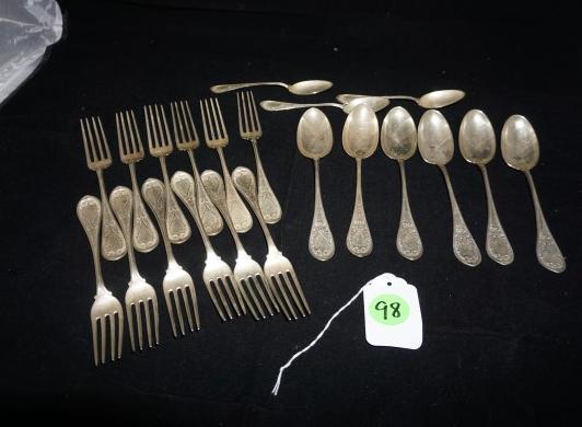 Sterling Flatware: Sterling flatware by G. R. Calhoun, 1868-1903, very light engraving: 12 forks 7 7/8" l, 3 teaspoons 5 7/8" lx 6 dessert spoons 7 1/4" l, 20th century