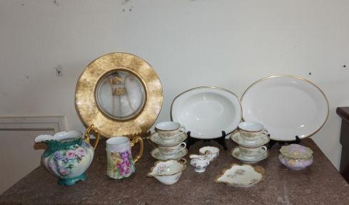 Porcelain Cups & Collectibles: Assortment of porcelain: 4 Nortaki cups & saucers, Limoges bowl & plate ", hand painted pitcher, covered box "Royal Saxe", Germany, Limoges T & V "Venice" tankard, Royal Daulton gold bowl & platter, E
