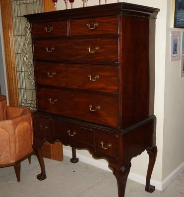 Antique High Boy: Unusual mahogany high boy, 8 drawers, carved apron, Chippendale feet 39" w x 22" d x 63" h, late 19th century
