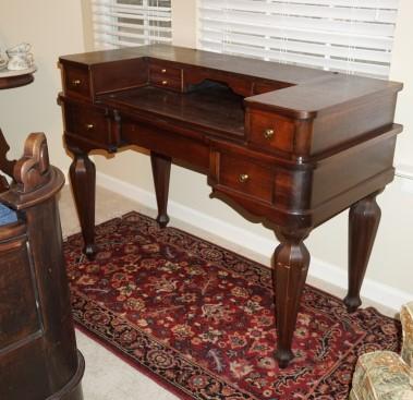 Mahogany Spinet Desk from Red Gum Plantation: Mahogany spinet desk, 9 drawers, brass pulls, slide out desk 45" w x 21" d x 34" h, from the Red Gum Plantation in Hughes, Arkansas, 19th century