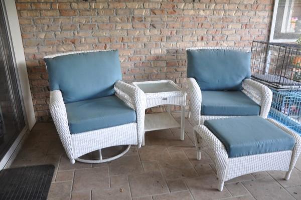 Martha Steward Living vinyl wicker set: Martha Steward Living vinyl wicker set: 1 chair with cushion, 1 swivel rocker with otter man, 1 table