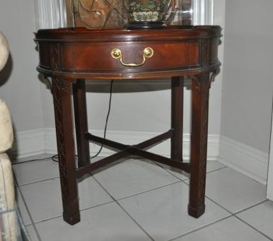 Baker mahogany end table: Mahogany drum table with drawer by Baker 26" round x 25" h, 20th century