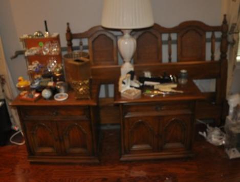 Bedroom suite by Sears "Country IV Collection": Bedroom suite by Sears "Country IV Collection": Queen headboard & footboard, triple dresser, men's chest, pair of end tables, 20th century