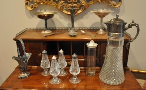 Collection of sterling, silver plate, crystal: Collection of sterling, silver plate, crystal: sterling: weighted footed compote, Mexican sterling ash tray, small luncheon knife, silver plate: footed compote, bud vase, basket, 4 crystal & silver pl